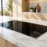 Bếp từ đôi Cadman bo viền nhôm lắp âm sang trọng trên mặt đá tủ bếp hiện đại