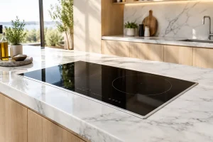 Bếp từ đôi Cadman bo viền nhôm lắp âm sang trọng trên mặt đá tủ bếp hiện đại