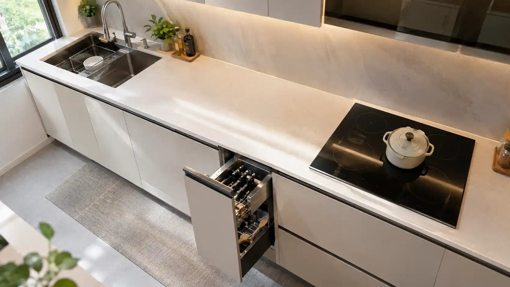 Bố cục bếp có khoang tủ dưới giữa chậu rửa và bếp nấu để đặt kệ dao thớt