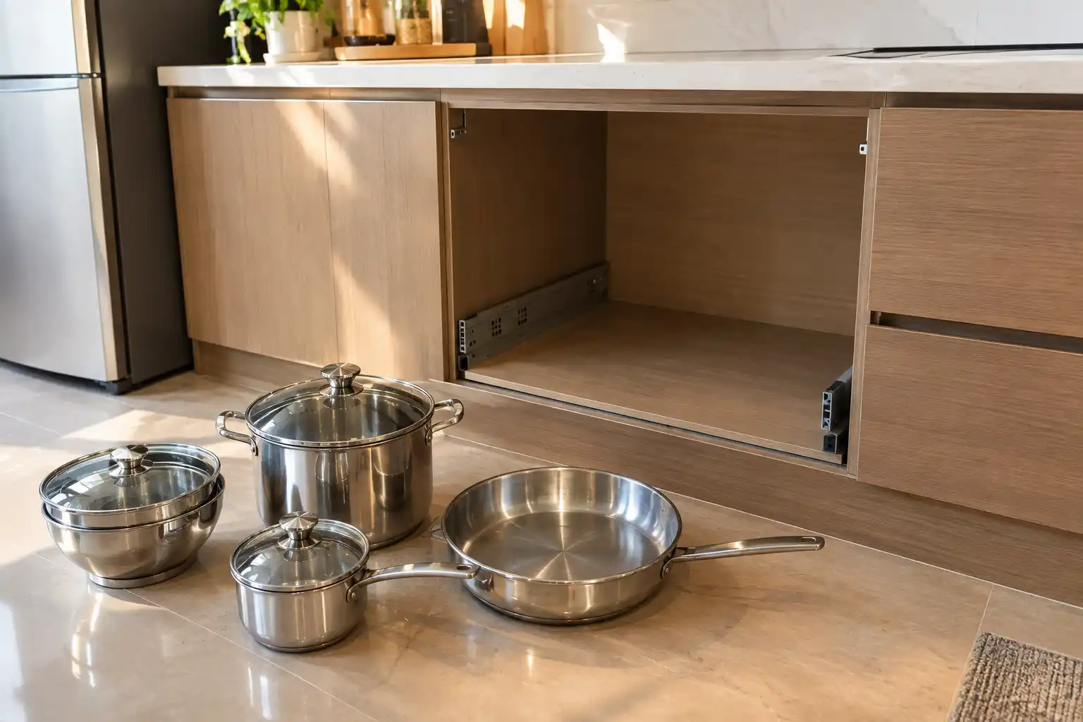 Bộ xoong nồi đặt cạnh khoang ngăn kéo trống để chọn kích thước giá để xoong nồi