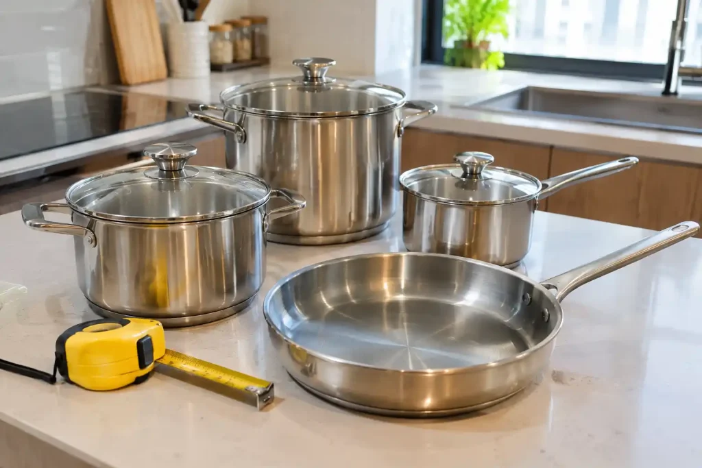 Bộ xoong nồi và thước cuộn trên mặt bếp khi chọn kích thước giá để xoong nồi