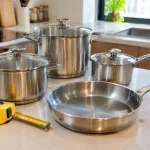Bộ xoong nồi và thước cuộn trên mặt bếp khi chọn kích thước giá để xoong nồi