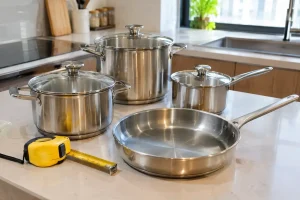 Bộ xoong nồi và thước cuộn trên mặt bếp khi chọn kích thước giá để xoong nồi