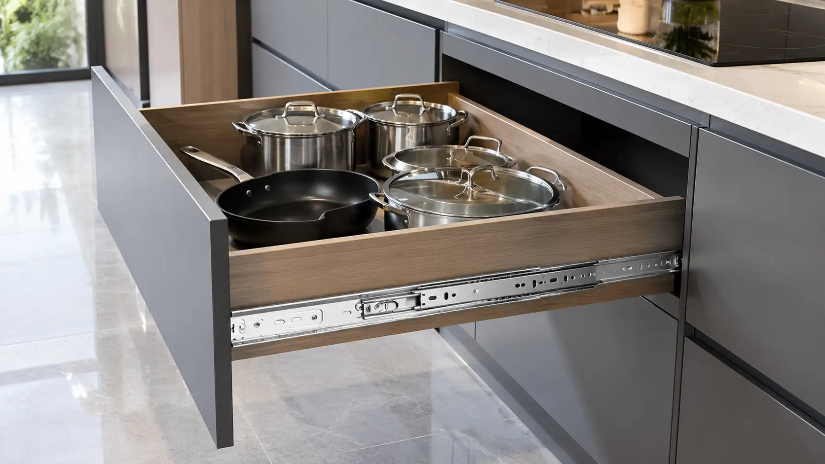 Cơ chế 3 tầng trượt mở toàn phần của ray bi giảm chấn Inox Cadman giúp rút trọn vẹn hộc tủ