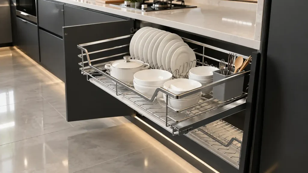 Giá xoong bát đĩa nan dẹt Cadman Inox 304 thiết kế tích hợp 2 trong 1 cho tủ bếp dưới
