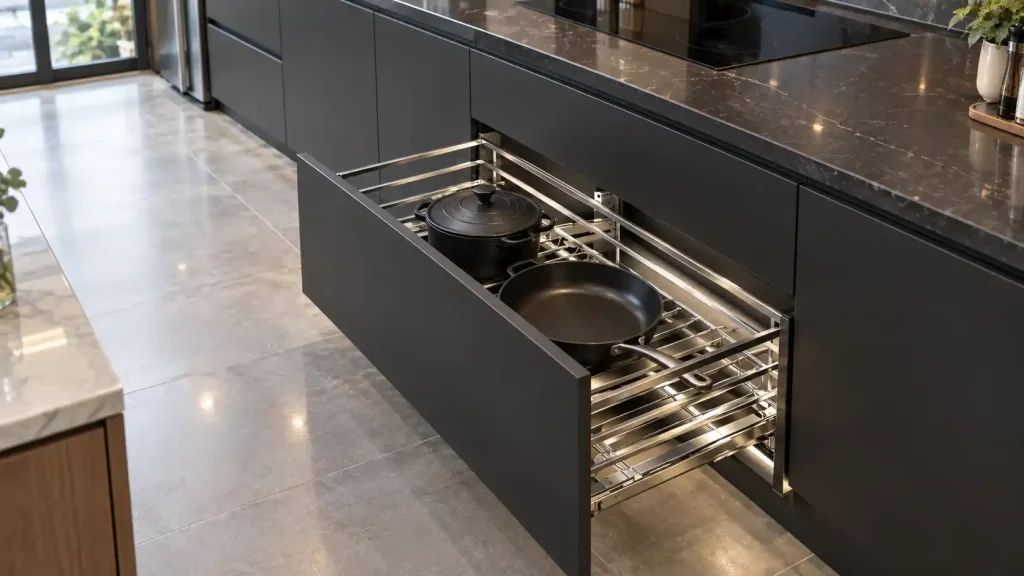 Giá xoong nồi nan dẹt Cadman Inox 304 ray âm giảm chấn kéo trượt nhẹ êm