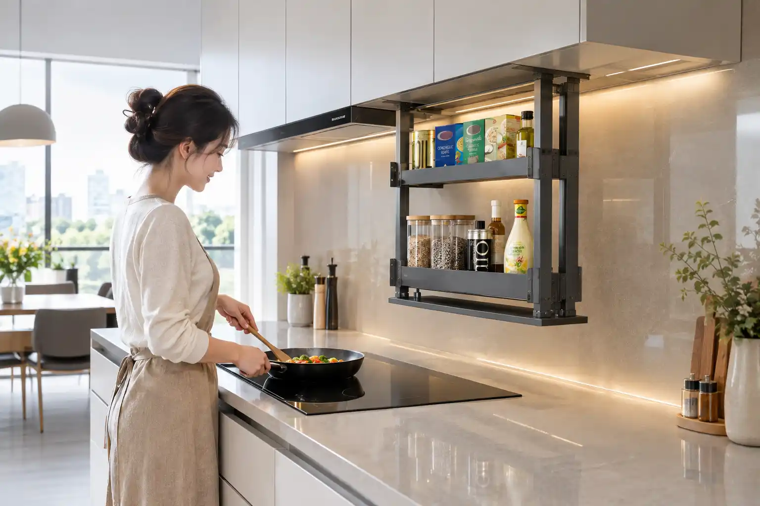 Giải phóng mặt bàn bếp nhờ giá gia vị nâng hạ điện Cadman