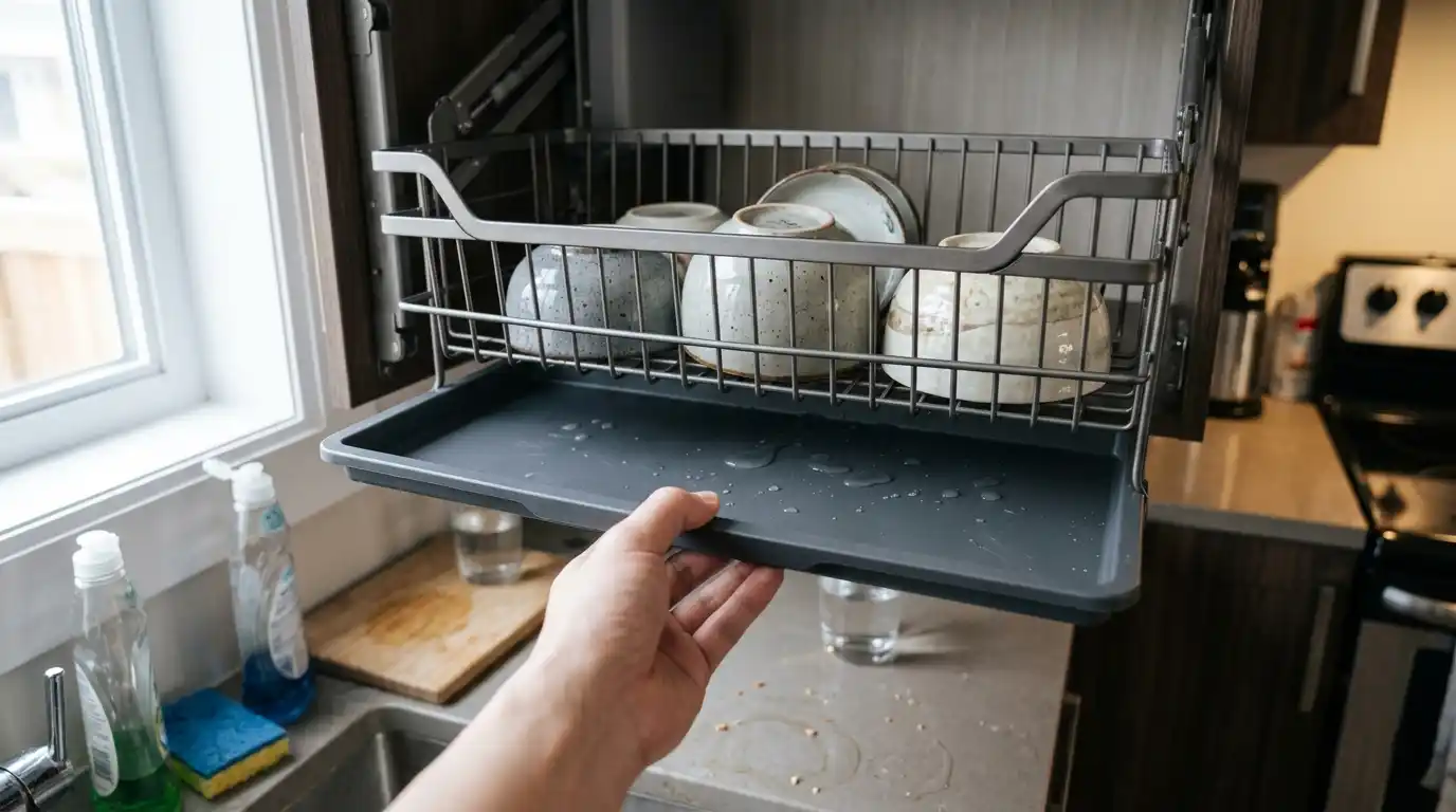 Hệ thống hai tầng nan và khay hứng nước của giá bát nâng hạ điện Cadman