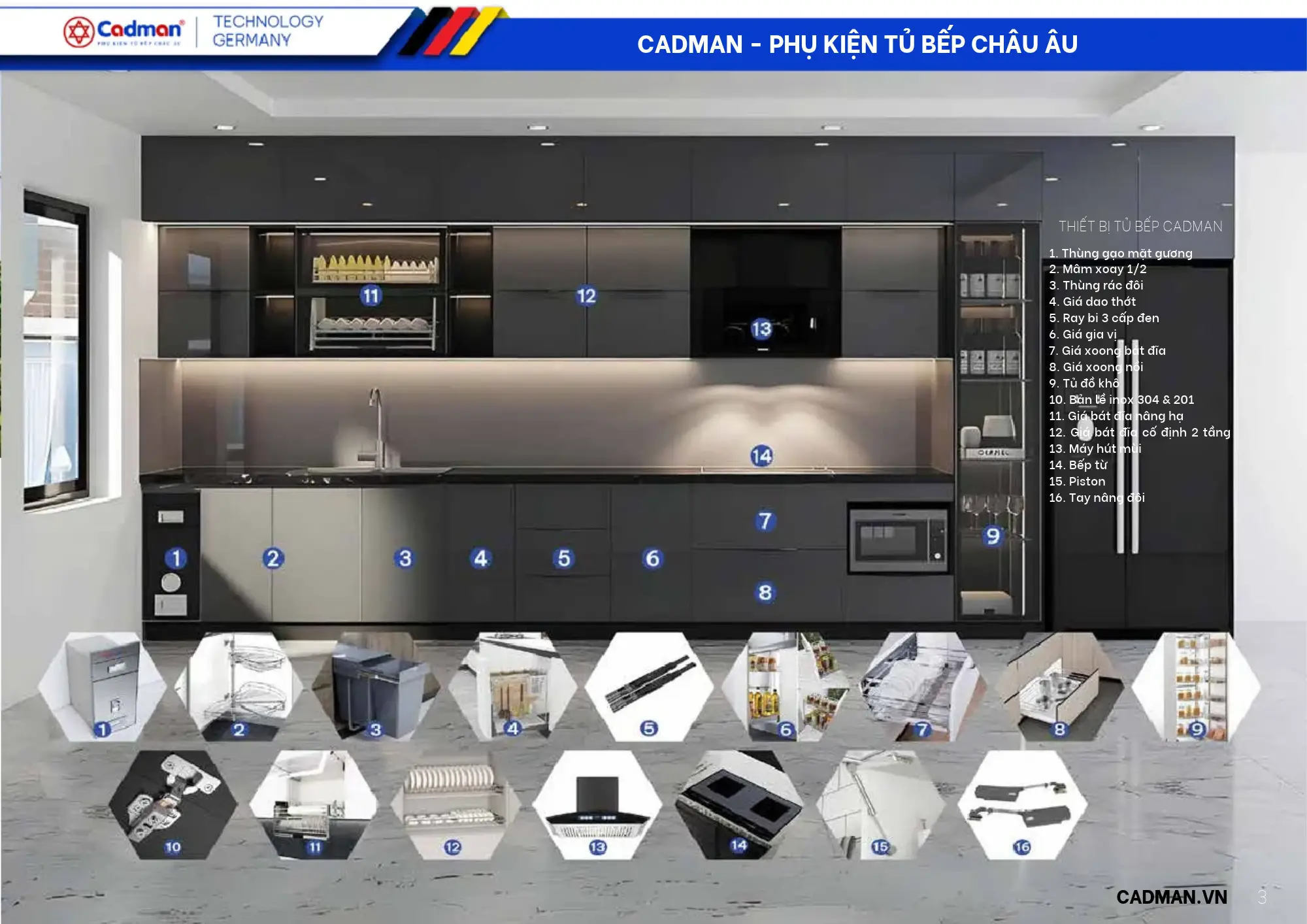 Hệ thống phụ kiện tủ bếp thông minh đồng bộ Cadman