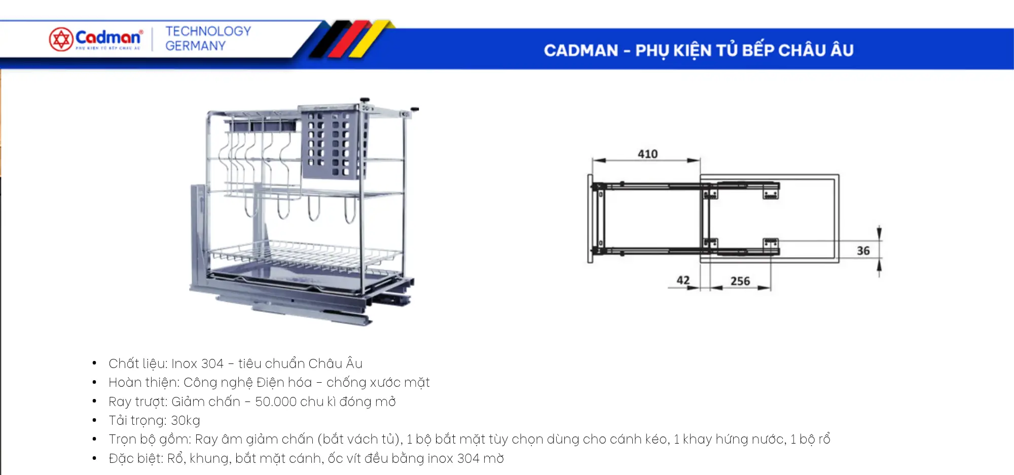Bộ kệ dao thớt nan dẹt Inox 304 ray giảm chấn Cadman kèm khay hứng nước