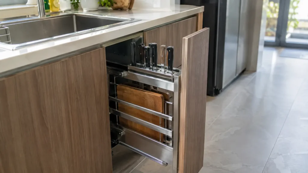 Kệ dao thớt nan dẹt Inox đặt trong tủ bếp dưới cạnh chậu rửa