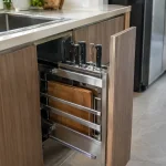 Kệ dao thớt nan dẹt Inox đặt trong tủ bếp dưới cạnh chậu rửa