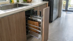 Kệ dao thớt nan dẹt Inox đặt trong tủ bếp dưới cạnh chậu rửa