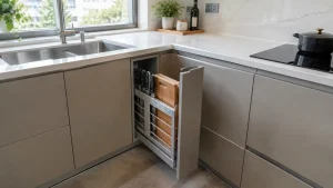 Kệ dao thớt nên đặt ở đâu trong bếp: khoang tủ dưới giữa chậu rửa và bếp nấu