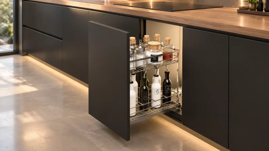Kệ gia vị nan dẹt Cadman Inox 304 lắp âm khoang tủ bếp dưới