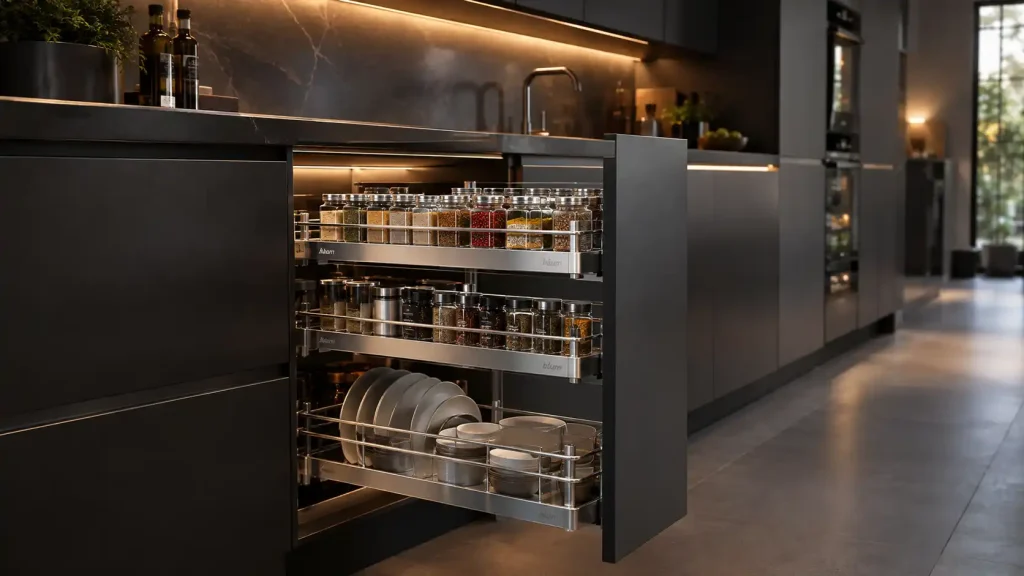 Kệ gia vị nan dẹt Inox 304 xước mờ cao cấp trong không gian tủ bếp hiện đại, inox 304 bị gỉ sét không