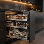 Kệ gia vị nan dẹt Inox 304 xước mờ cao cấp trong không gian tủ bếp hiện đại, inox 304 bị gỉ sét không