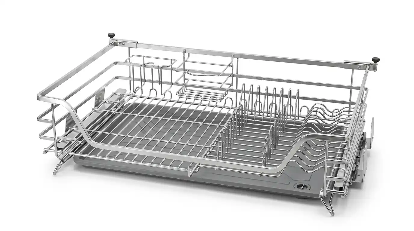 Khay nhựa hứng nước tháo rời và cặp ray âm giảm chấn giá xoong nồi Cadman