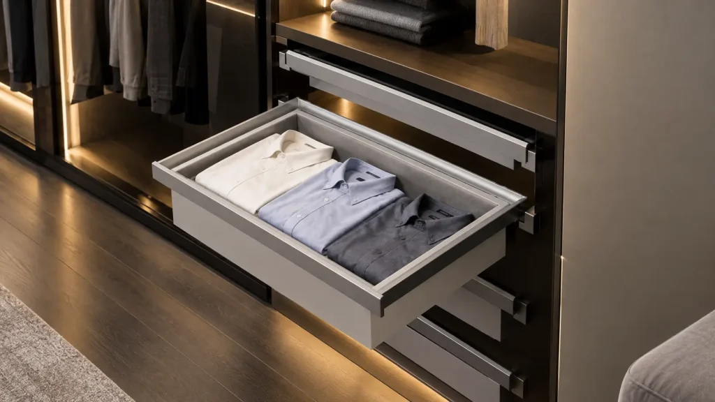 Khay kéo đựng quần áo Cadman khung nhôm bọc da cao cấp âm tủ