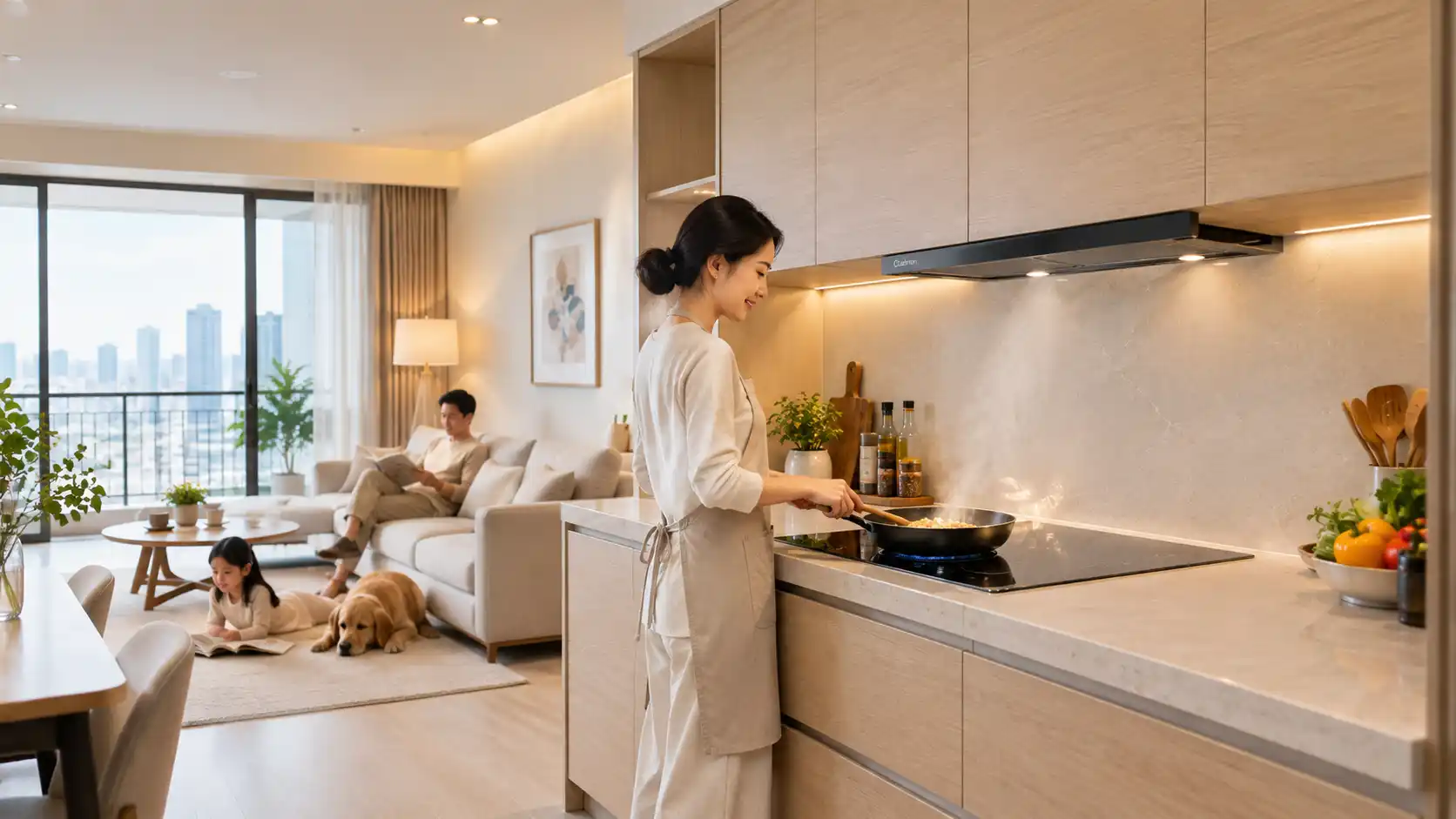 Không gian bếp liền phòng khách thoáng đãng và yên tĩnh khi máy hút mùi âm tủ Cadman vận hành êm ái