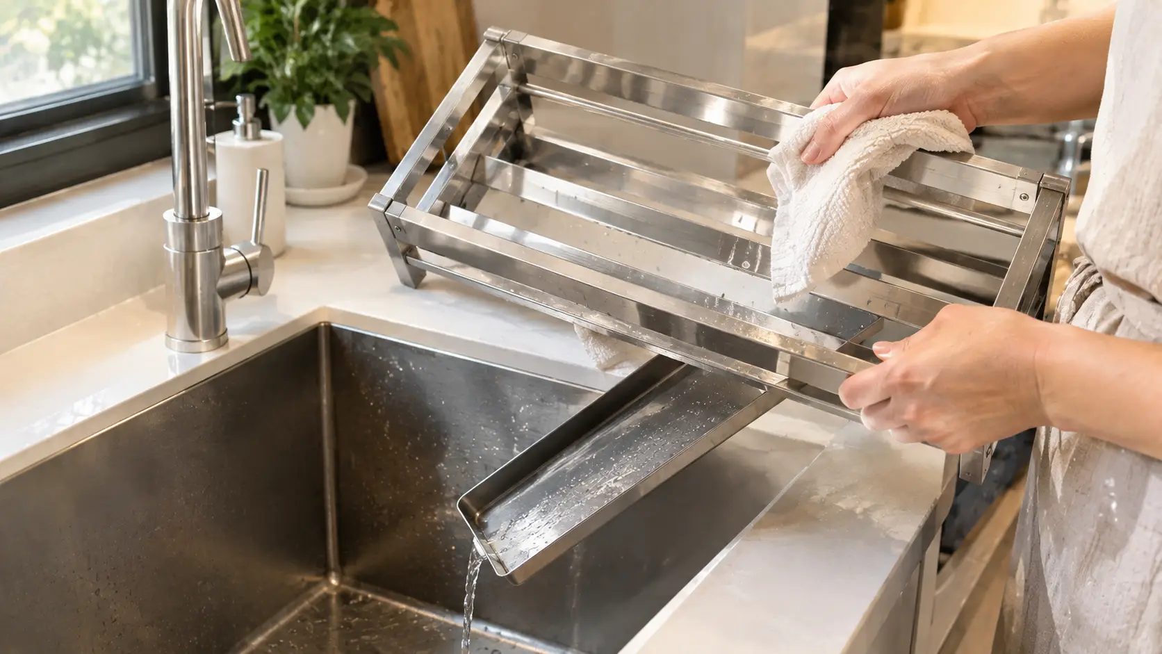 Lau khô rổ và đổ khay hứng nước kệ dao thớt sau khi nấu để không bị rỉ sét