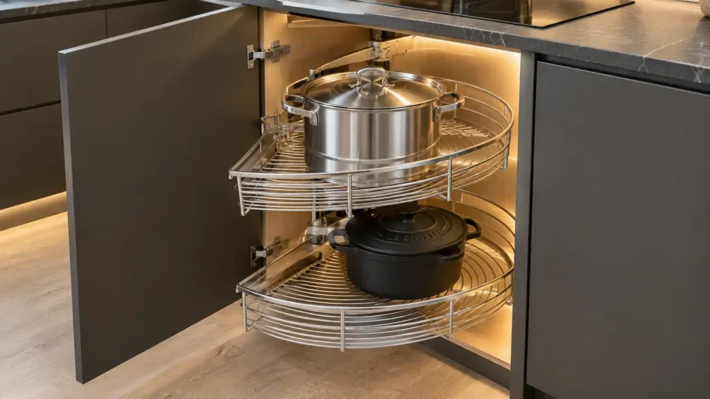 Mâm xoay góc tủ bếp Cadman Inox 304 nan dẹt mở trọn góc chết cho tủ bếp chữ L