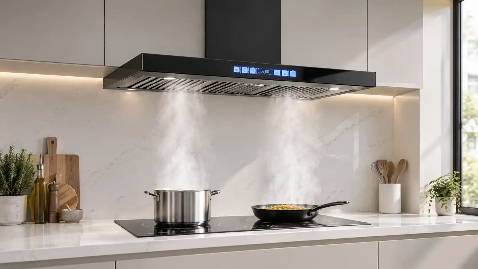 Máng hút phẳng sâu 420mm của máy hút mùi chữ T Cadman bao trọn bề mặt bếp từ đôi