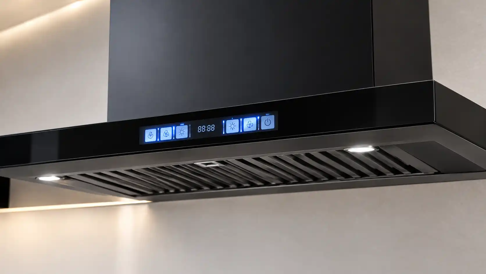 Mặt kính đen viền mỏng 61mm và màn hình LED số xanh của máy hút mùi chữ T Cadman