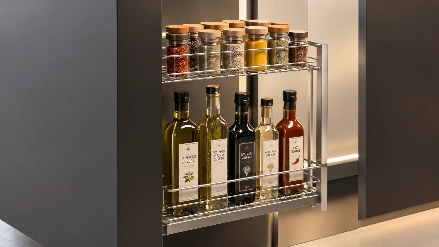 Mặt sàn nan dẹt Inox 304 mờ điện hóa và khay hứng nước của kệ gia vị Cadman