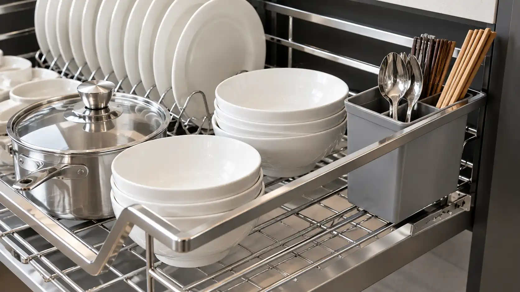 Mặt sàn nan dẹt để bát tô canh kết hợp hộp đũa thìa cài hông của giá xoong bát đĩa Cadman