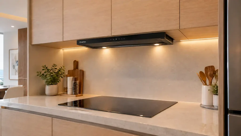 Máy hút mùi âm tủ Cadman dạng kéo rút lắp giấu gọn gàng dưới đáy tủ bếp trên hiện đại