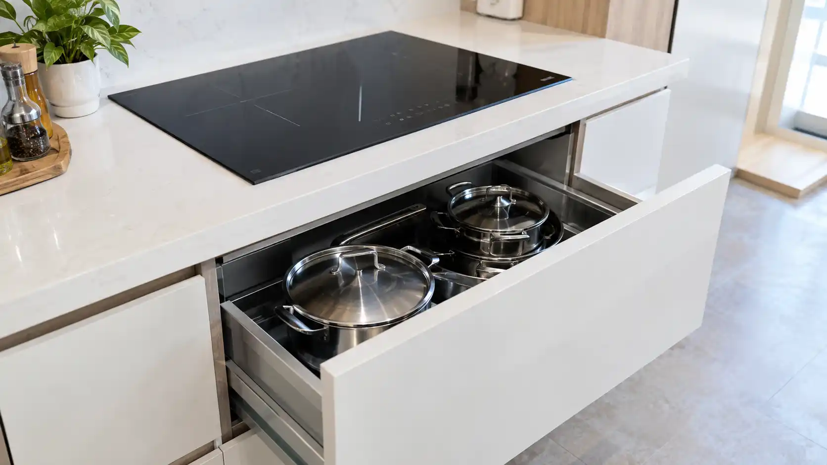 Ngăn kéo xoong nồi và kệ gia vị lấy nhanh đặt ngay cạnh bếp nấu