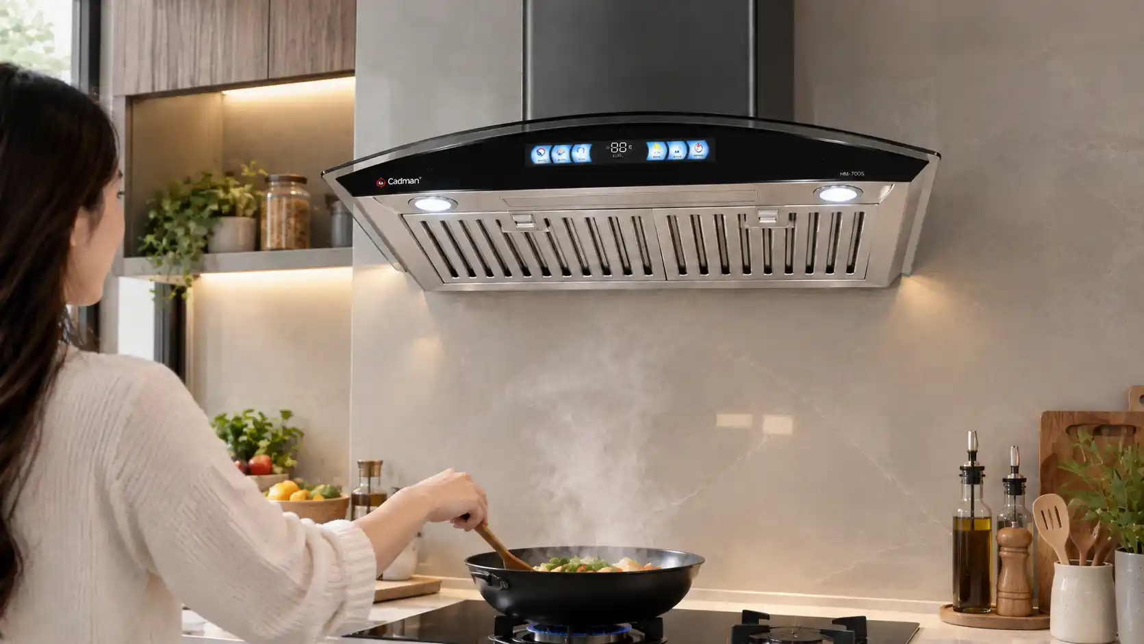 Ống khói mạ Titanium và tấm lọc Inox phẳng tích hợp cốc hứng mỡ trên máy hút mùi Cadman HM-7003