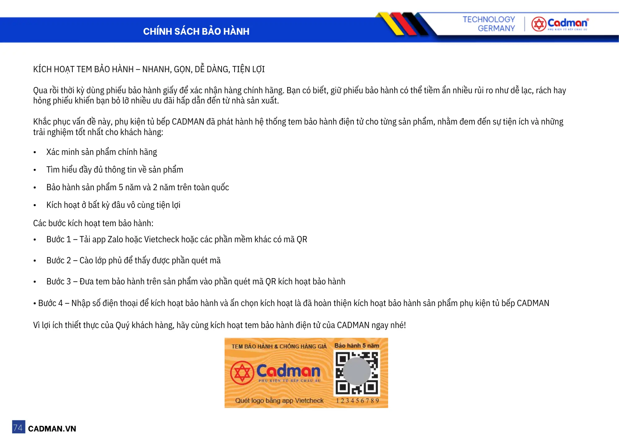 Quét mã QR kích hoạt bảo hành điện tử phụ kiện Cadman