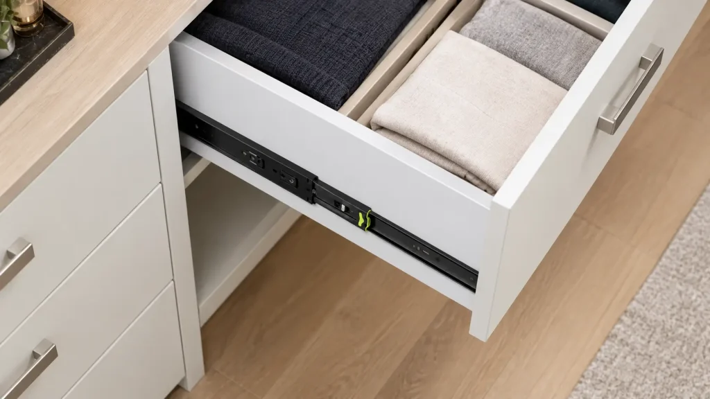 ray bi 3 cấp giảm chấn Cadman thép sơn tĩnh điện màu đen cho hộc tủ quần áo