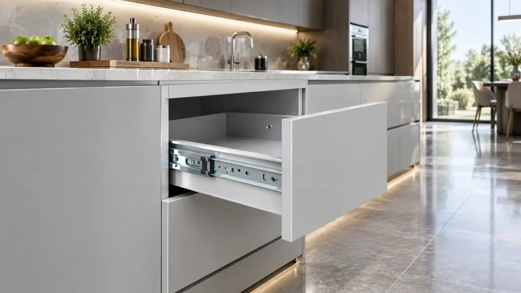 Ray bi giảm chấn Inox Cadman lắp đặt cho ngăn kéo tủ bếp cao cấp