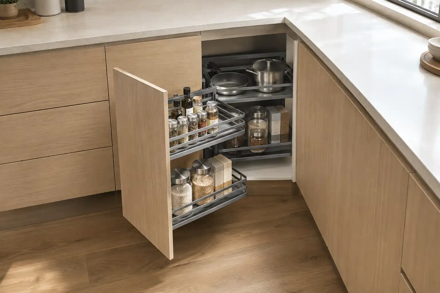 Bốn rổ Inox 304 của giá góc liên hoàn Cadman chứa chai gia vị, hũ gạo, chảo và nồi