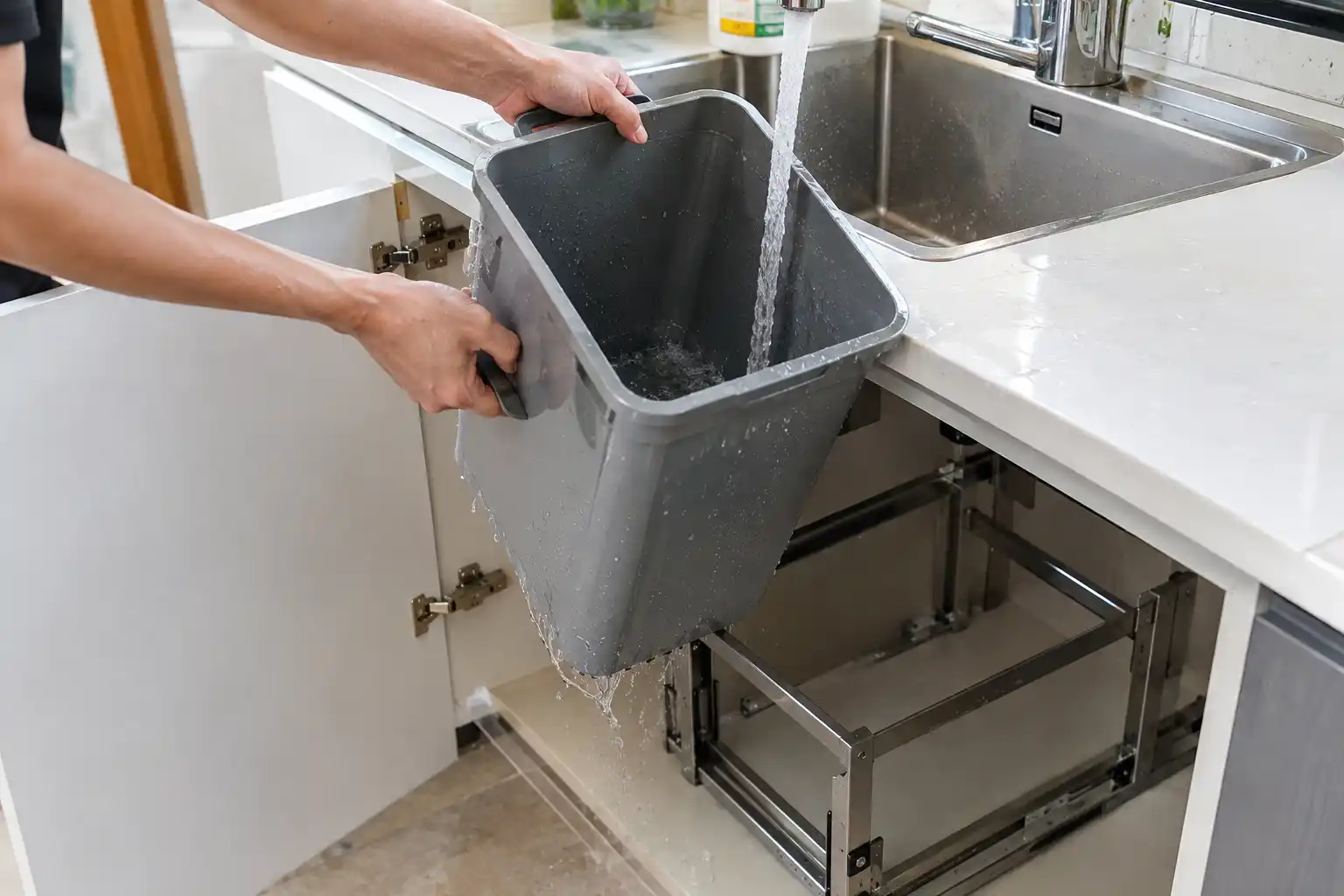 Rửa ruột thùng rác đôi âm tủ bếp bằng nước tại bồn rửa sau khi đổ rác