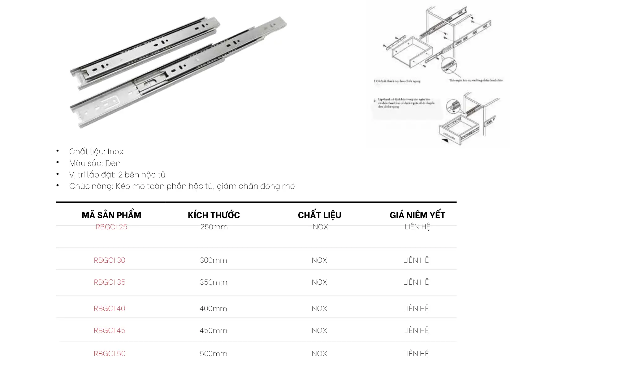 Bảng quy cách kích thước 6 mã chiều dài và sơ đồ lắp đặt ray bi giảm chấn Inox Cadman