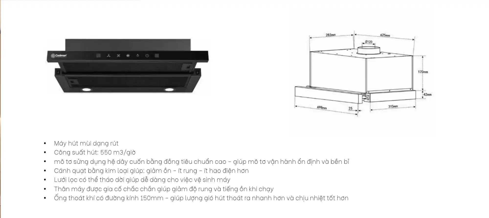 Bảng thông số kỹ thuật và bản vẽ kích thước máy hút mùi âm tủ Cadman khổ 700mm
