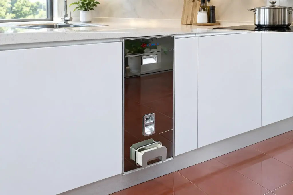 Thùng gạo mặt gương Cadman lắp âm trên hệ tủ bếp dưới hiện đại
