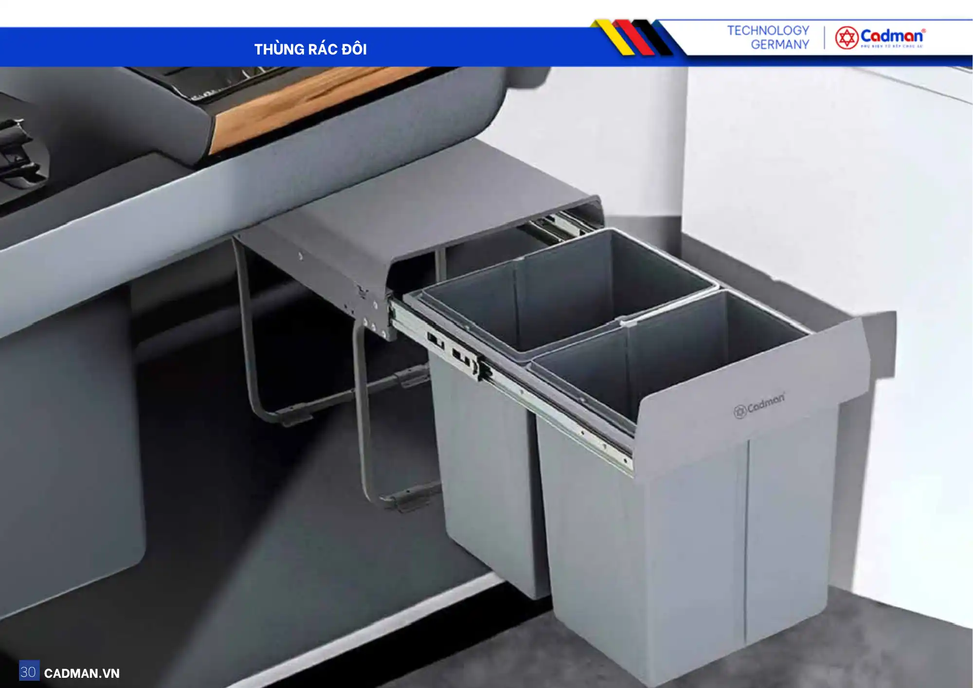 Thùng rác đôi âm tủ bếp giúp phân loại rác và ngăn mùi hiệu quả.