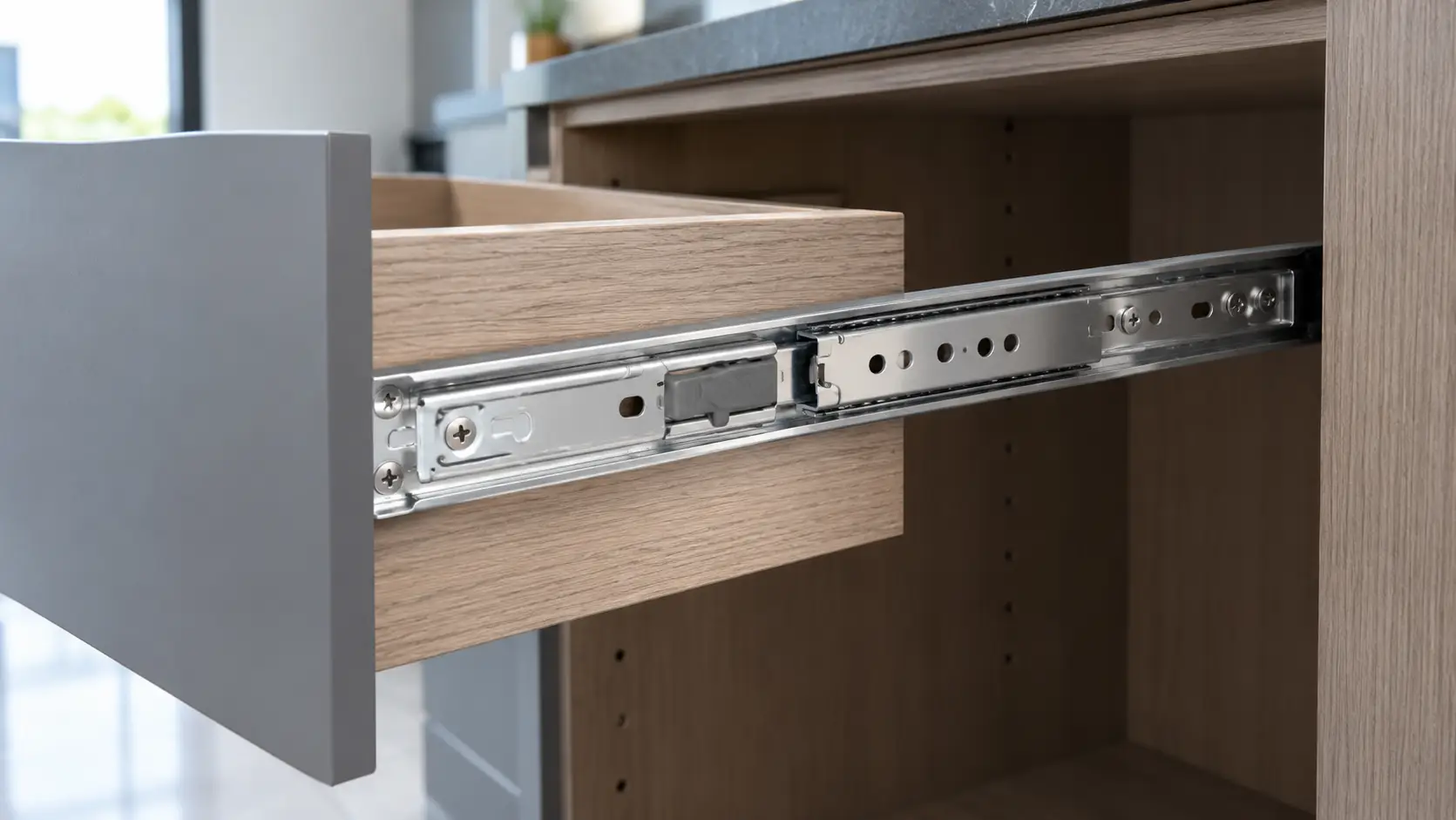 Vị trí bắt vít gắn hông và lẫy gạt nhựa tháo nhanh trên thân ray bi Inox Cadman